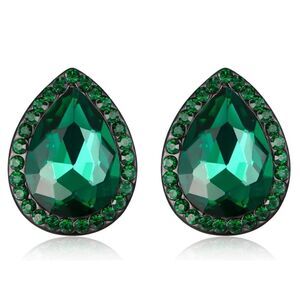 Carbon Black with Emerald Green Austrian Crystal Teardrop Stud Post Earrings
